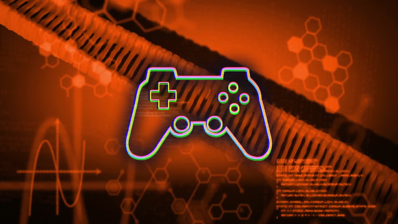 Animation of game controller icon on orange background with hexagonal patterns