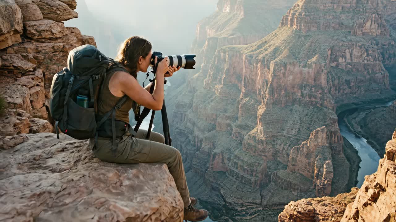 Woman Photographer Capturing Scenic Grand Canyon Landscape with Camera and Tripod