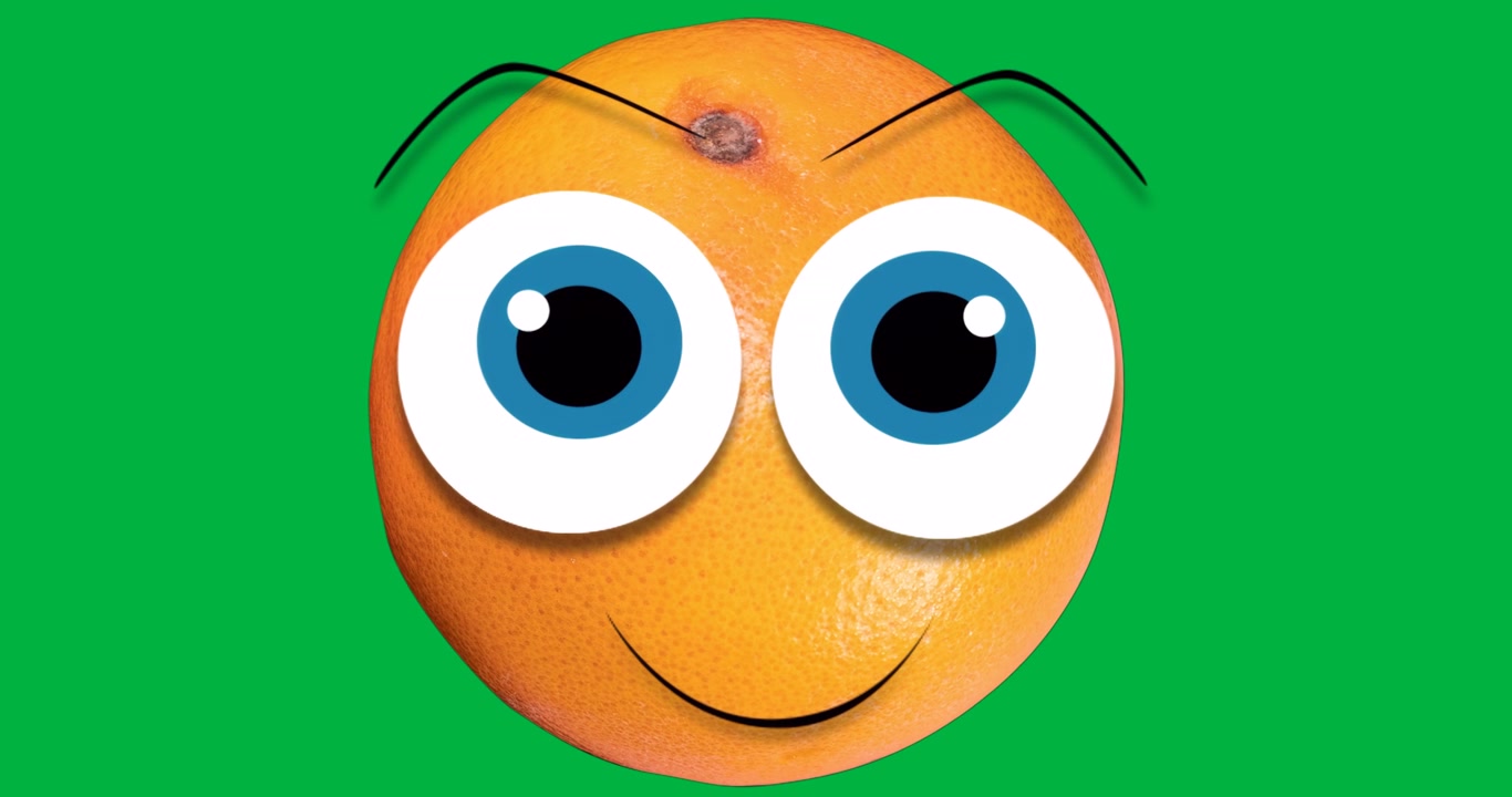 Smiling orange floating on transparent backdrop, showing eyes eyebrows smiling mouth for marketing