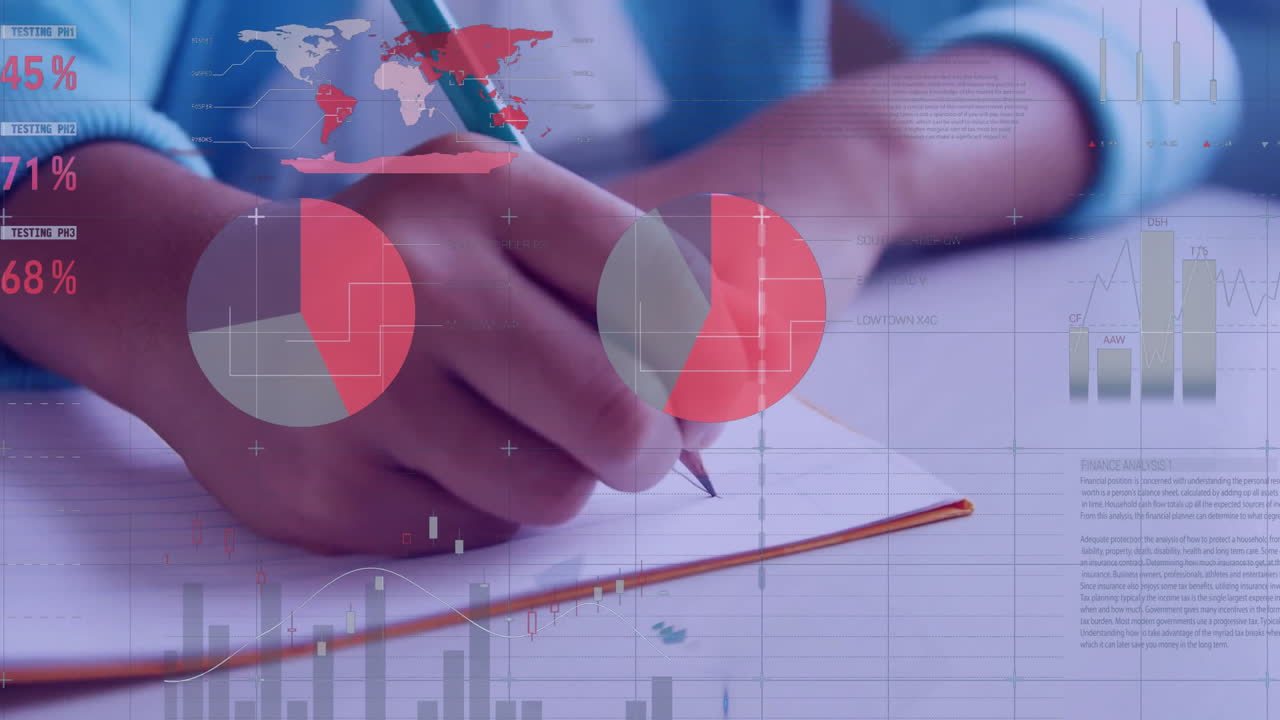 animación de interfaz infográfica multicolor sobre la sección media de un niño biracial escribiendo en un cuaderno