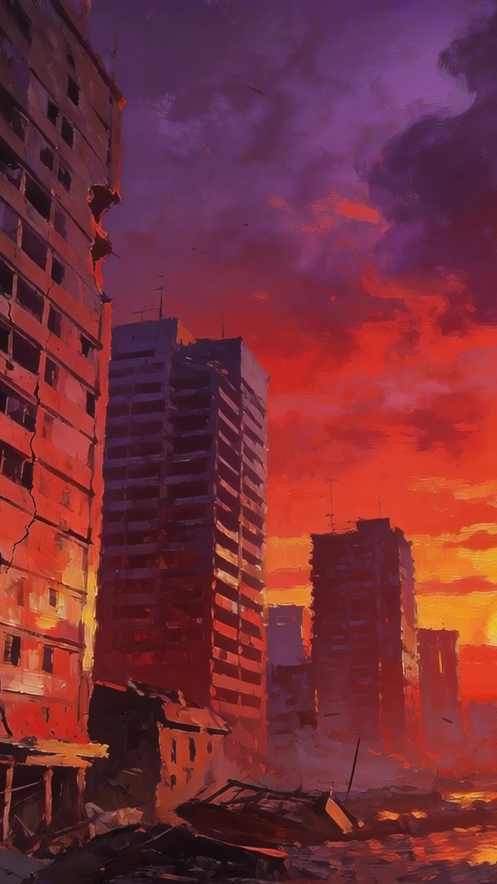 Vídeo vertical: Sol se pondo lançando luz laranja sobre torres em ruínas em uma rua urbana, com escombros.