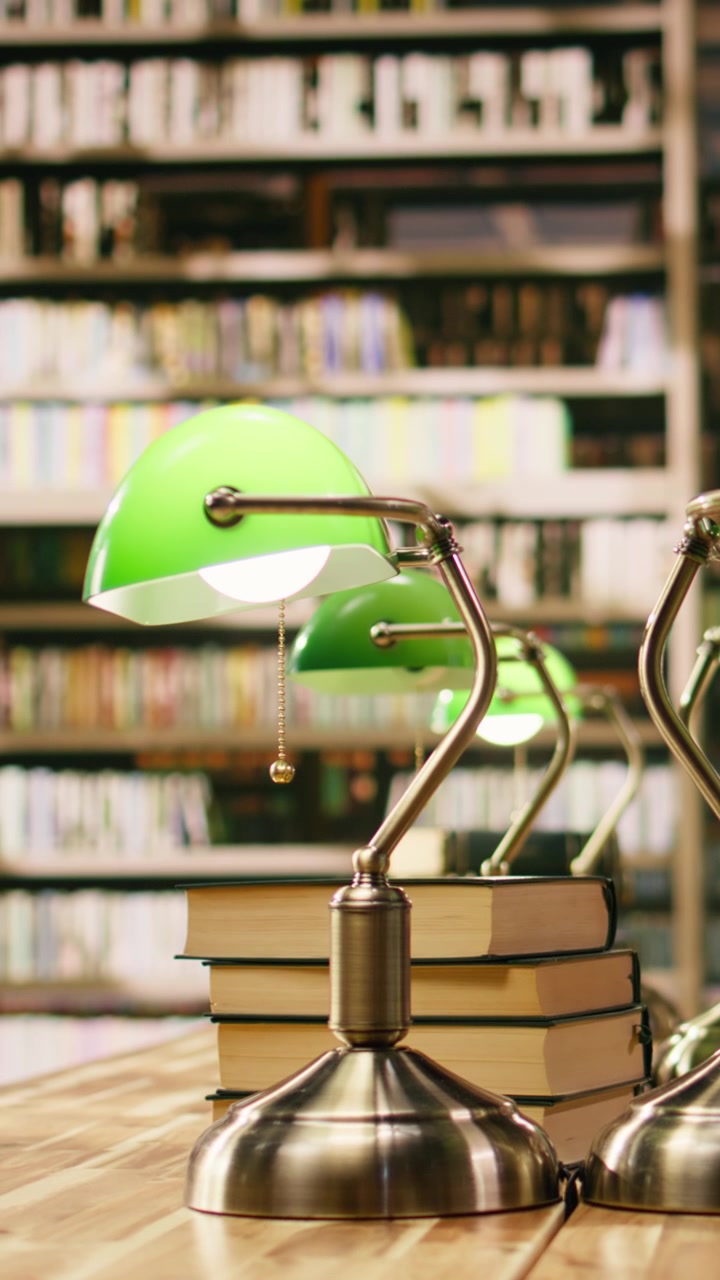 Vertical Video Stack of hardcover books on wooden study desk in empty library
