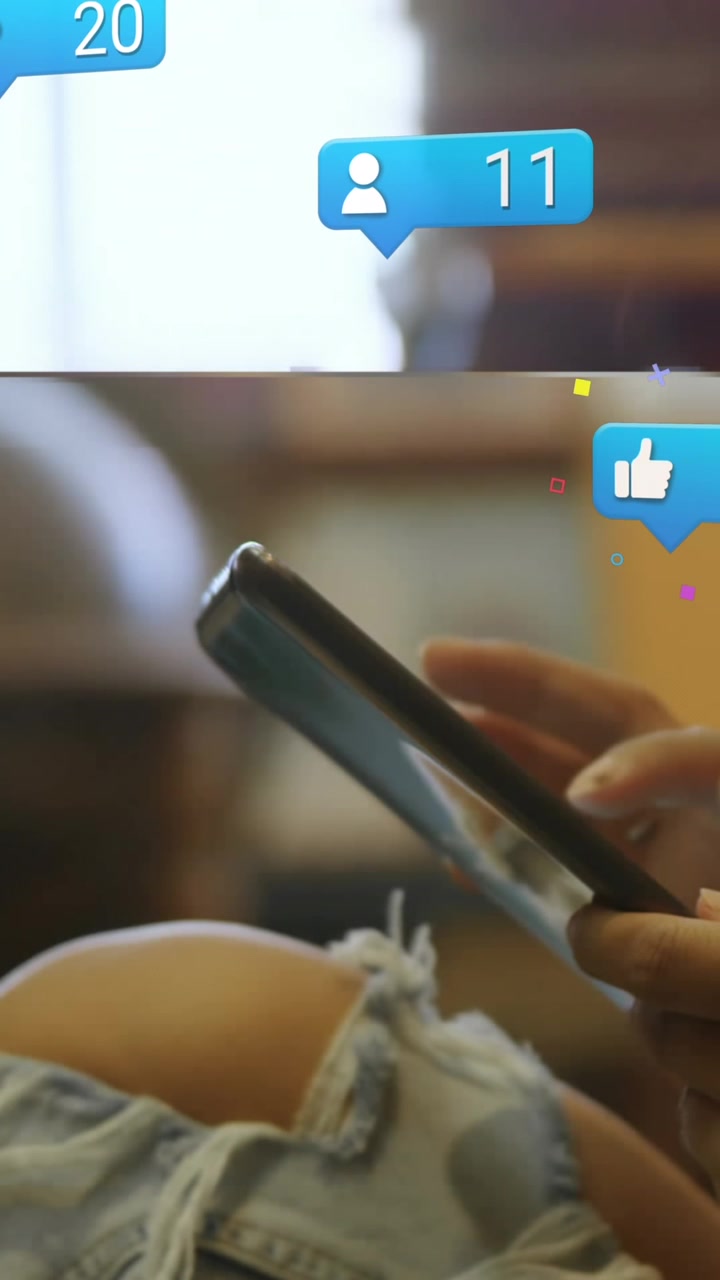 Animation of media icons over caucasian woman using smartphone