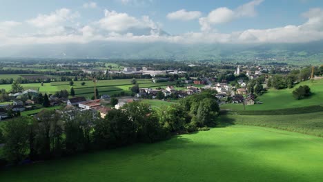 luftaufnahme von liechtenstein mit häusern auf grünen feldern im alpen-bergtal