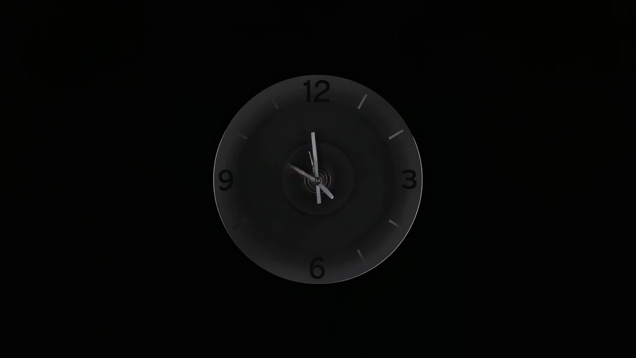 Starting 5-second tick on clock face, second hand sweeping until aligning with hour hand