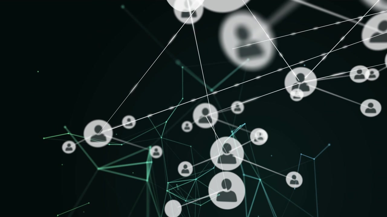 Diagonal chain emerging from upper right, avatars sliding inward and linking to map network growth