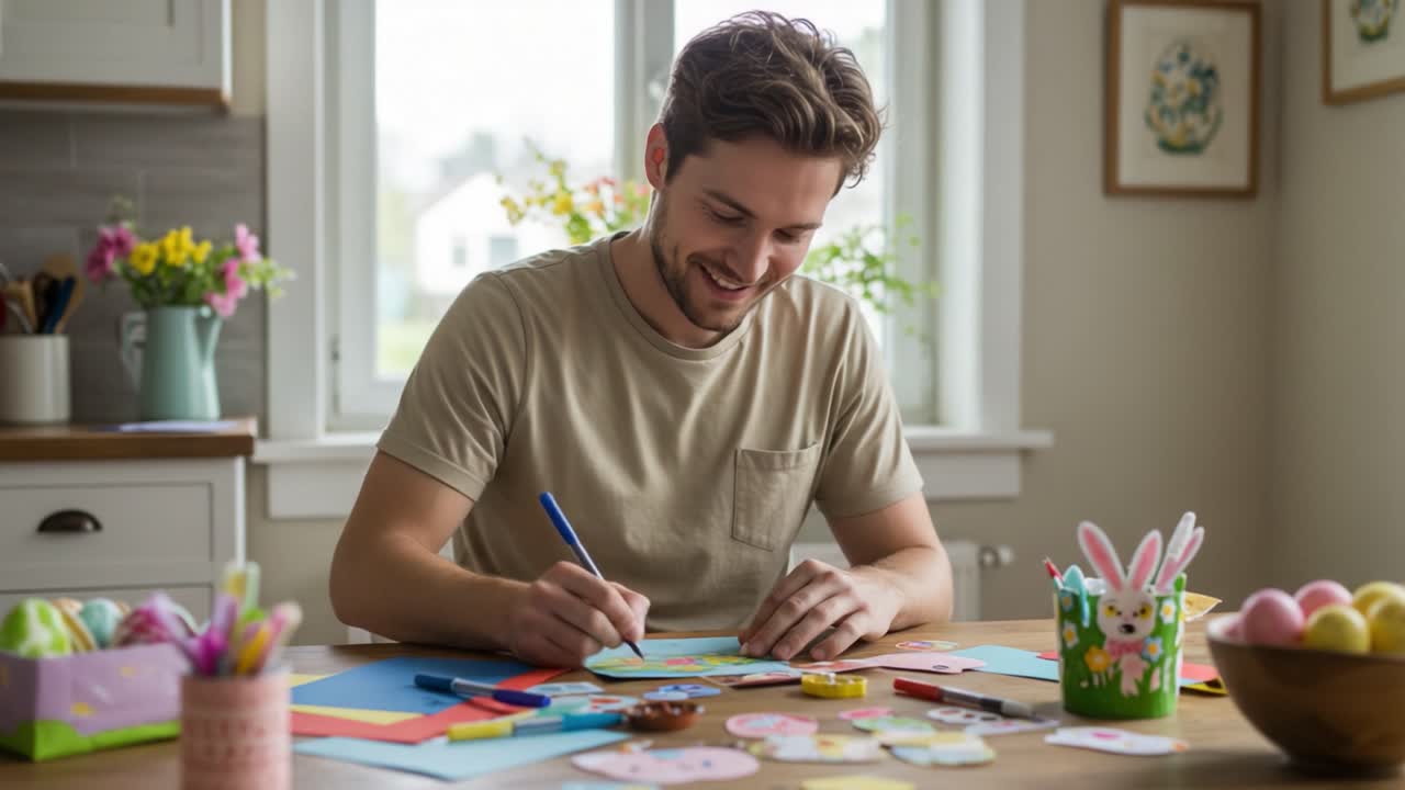 Creative Man Engaged in Colorful Crafting and Card Making at Home, Embracing Fun and Joyful Hobbies in Bright and Cheerful Indoor Setting