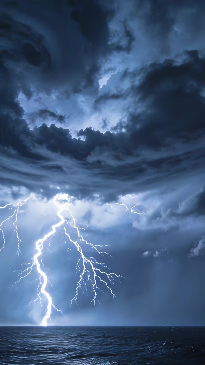 Video verticale: Fulmine ramificato e luminoso che colpisce la superficie del mare durante una tempesta, illuminando la base delle nuvole