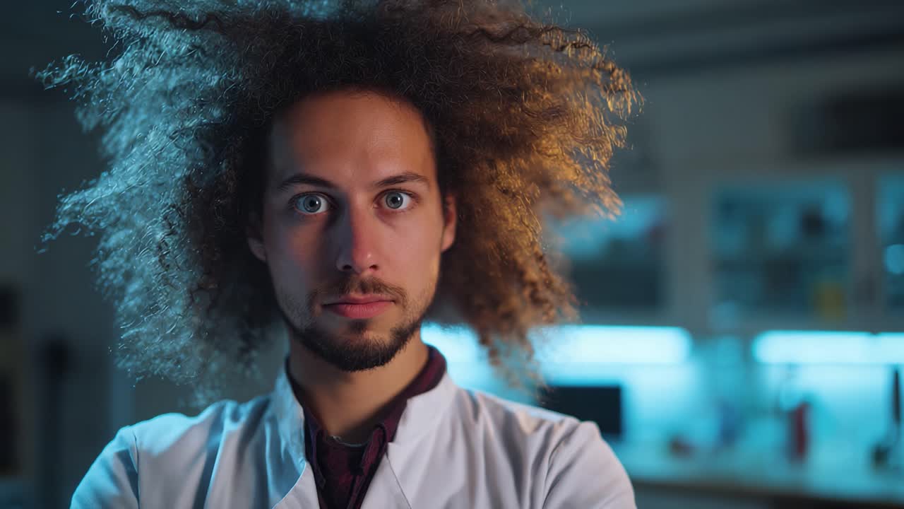 Um cientista concentrado, com cabelos cacheados e volumosos, olha fixamente para a câmera, refletindo determinação e curiosidade, em um laboratório moderno cheio de equipamentos