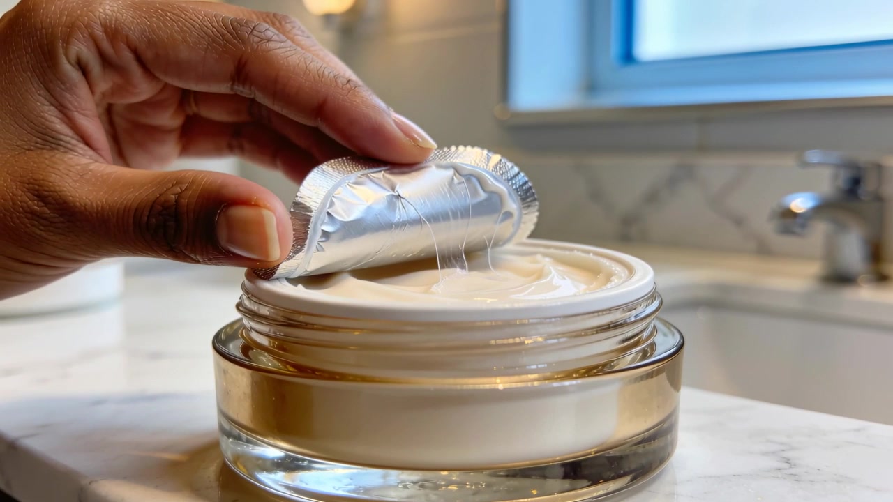 Peeling hand reaching in lifting foil seal on glass jar at marble counter, revealing cream strands