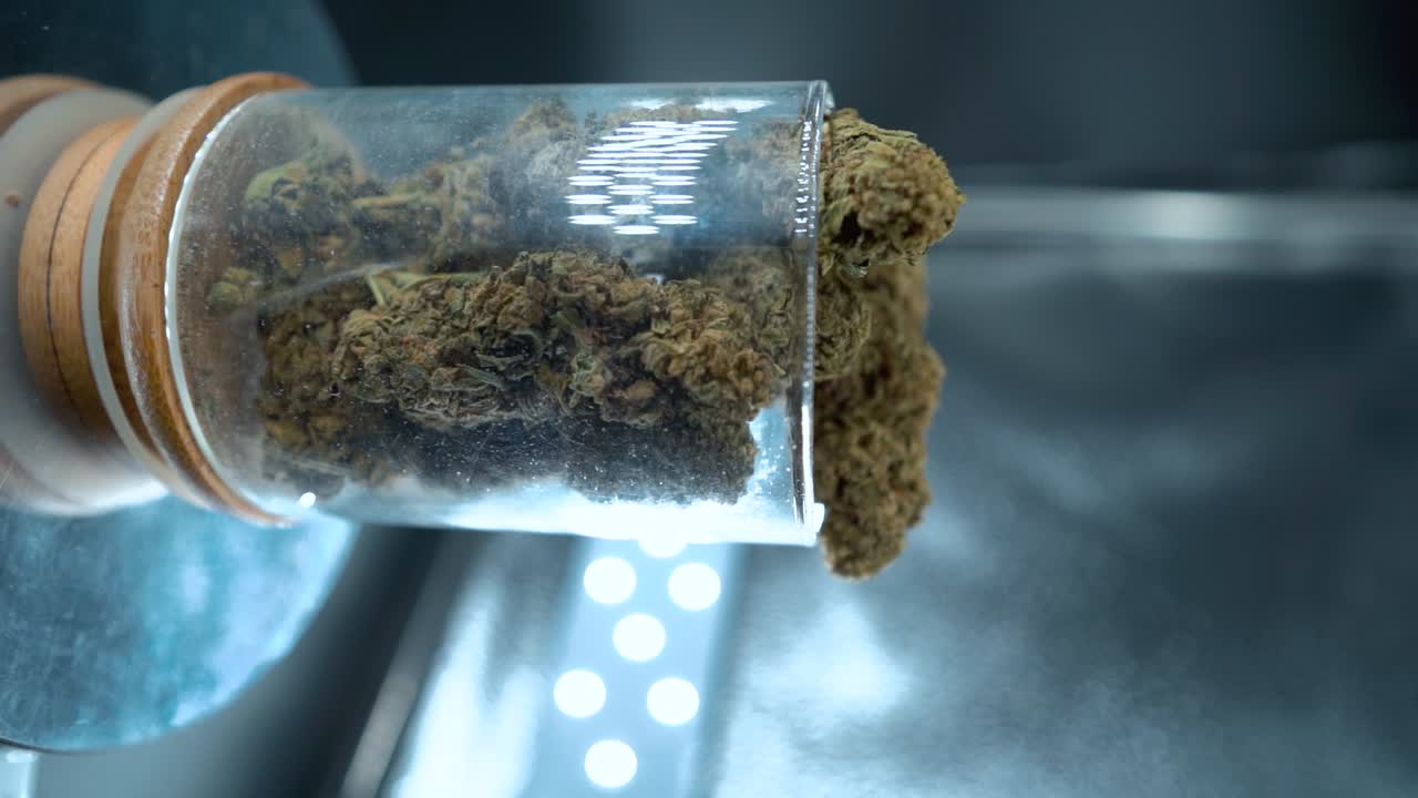 녹색 건조 마리화나, 클로즈업, 반이는 유리잔에 건조 마리아나 식물 어리, 반사 회전 스탠드, 스튜디오 조명, 영화 속속 120fps 비디오