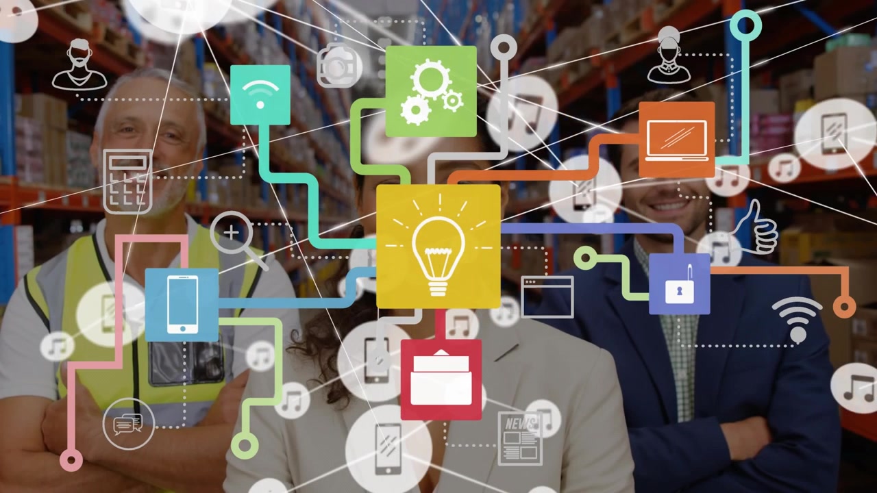 Animation of icons flow chart, connected icons over multiracial coworkers standing with cross hands