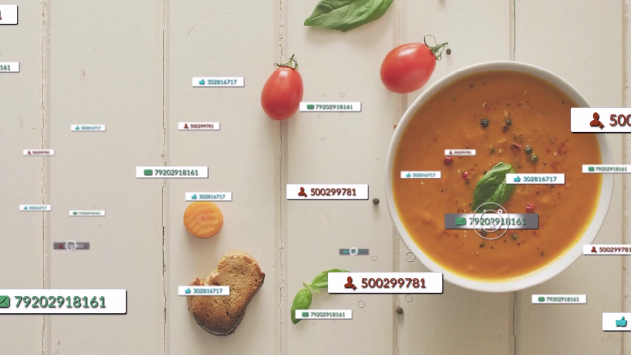 Tag sul lato sinistro che appaiono, si spostano e si raggruppano sopra una ciotola bianca, con un cursore che contrassegna l'ID e annota la zuppa.