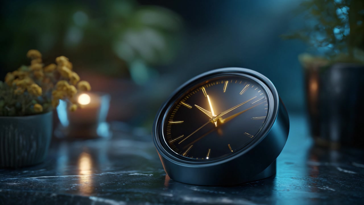 Elegante orologio da tavolo nero in un'illuminazione ambientale serena con ombre sottili e vegetazione, catturato perfettamente per evidenziare il suo design contemporaneo e la sua funzionalità