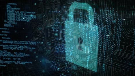 Animation of a blue padlock with data processing on black background