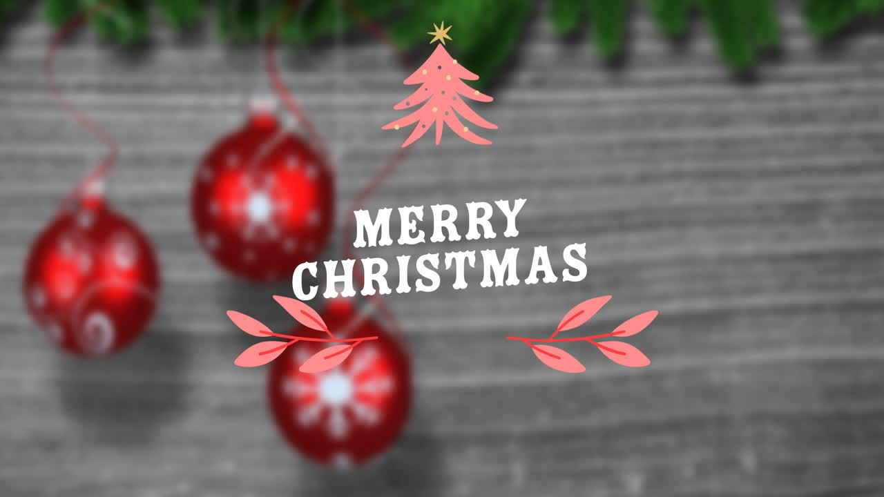 animación del texto de feliz navidad sobre bolas