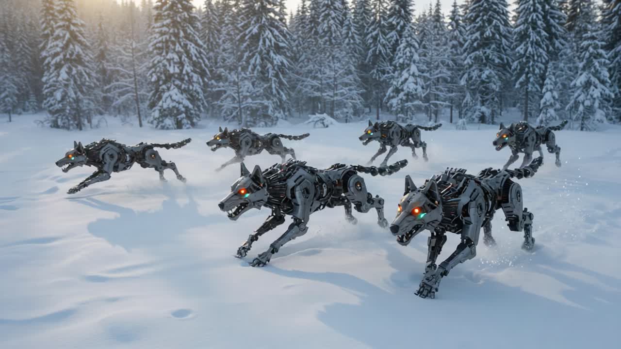 A pack of robotic wolves gallops through a snowy forest, showcasing their intricate mechanical design and glowing eyes as they navigate the winter landscape