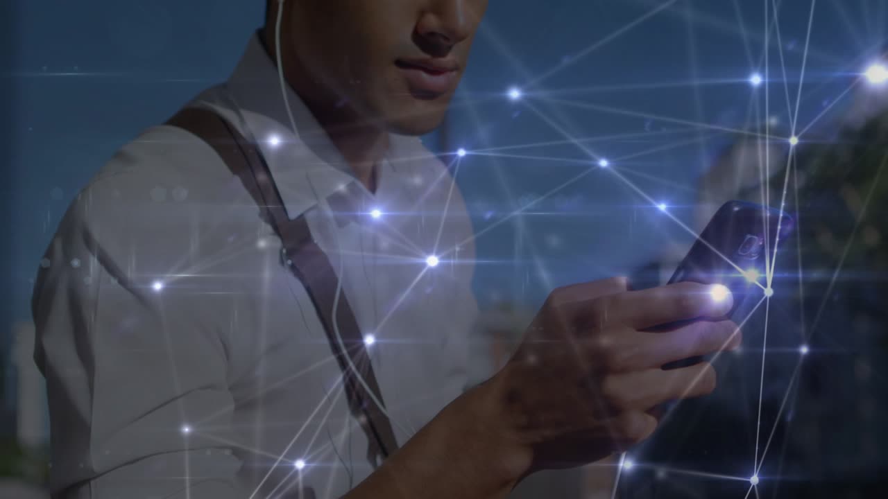 Animation of network of connections over men using smartphone