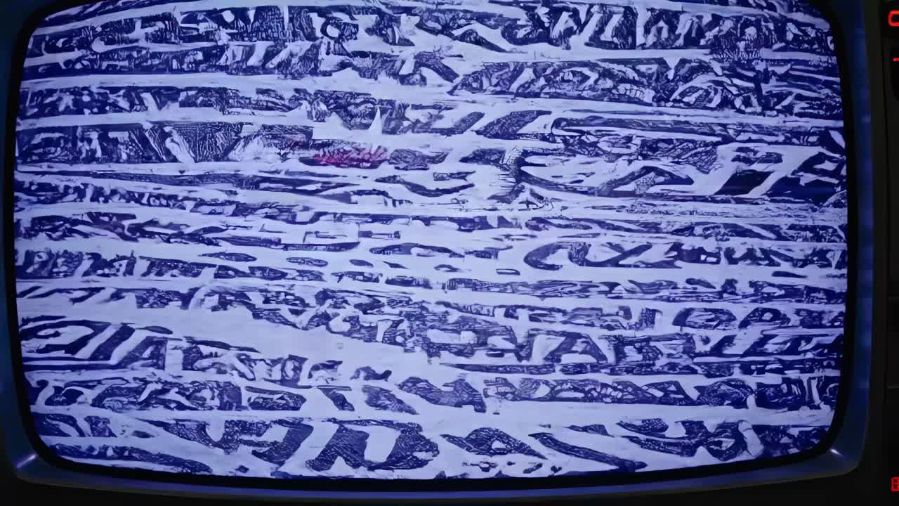 Retro TV screen displaying glitchy static video, captured from a straight-on angle