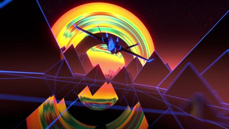 tierra retro generada digitalmente abstracta. pirámides, montañas. serie de fantasía de día y noche de los años 80. tierra retro montaña y pirámides. nave espacial volando entre las pirámides planetas alienígenas extraterrestres realidad virtual abstracta