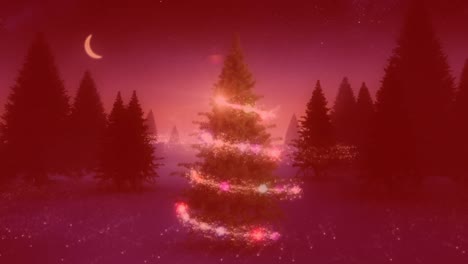 Shooting-star-around-a-christmas-tree-on-winter-landscape-against-red-background