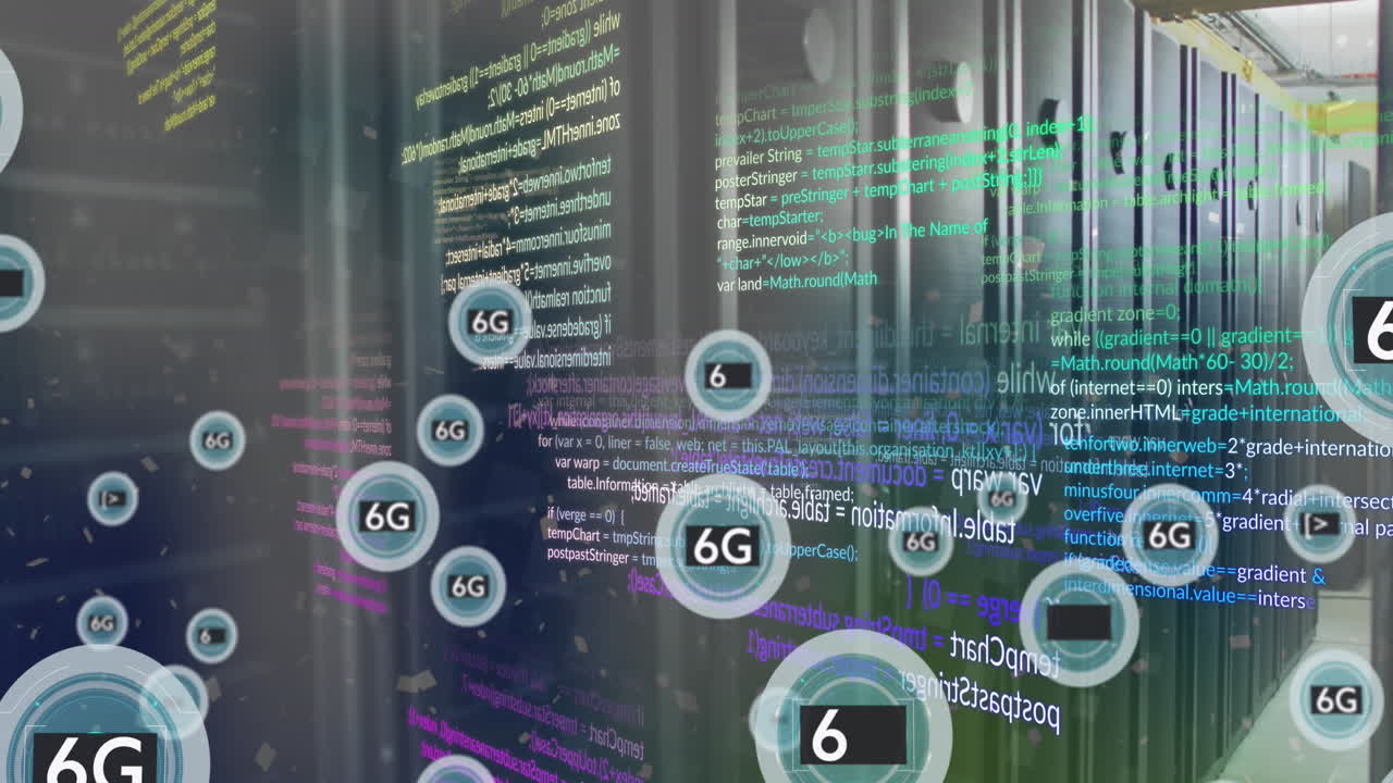 Animation of 6g text in circles, computer language over data server room