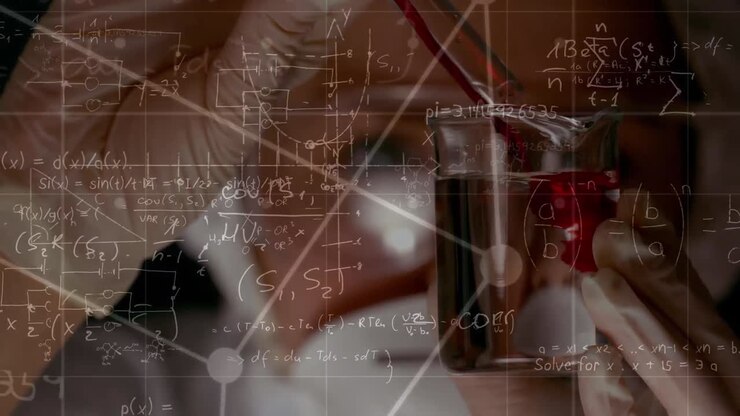 Animation of data processing over caucasian scientist with beaker