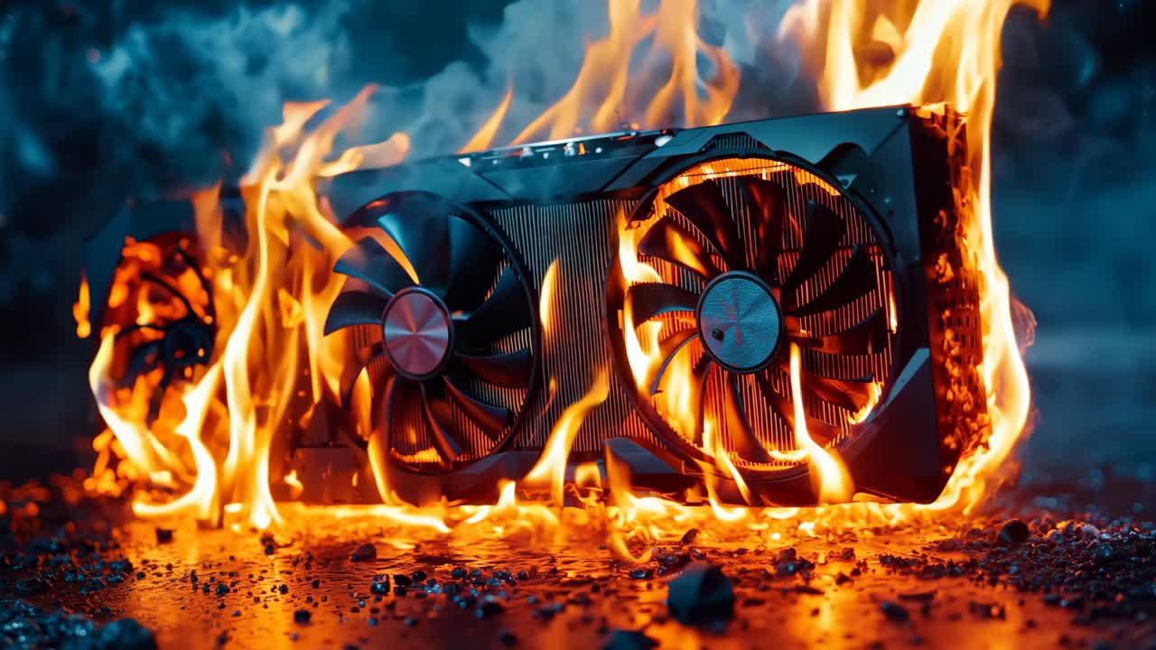 컴퓨터 그래픽 카드가 불타고 불꽃이 어나오고 있습니다.