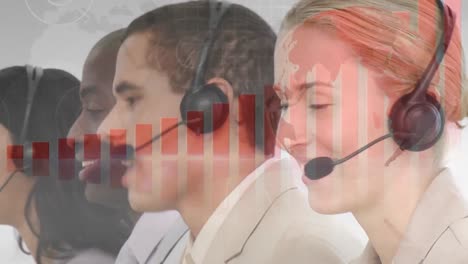 Animation-of-financial-data-processing-over-business-people-wearing-headsets