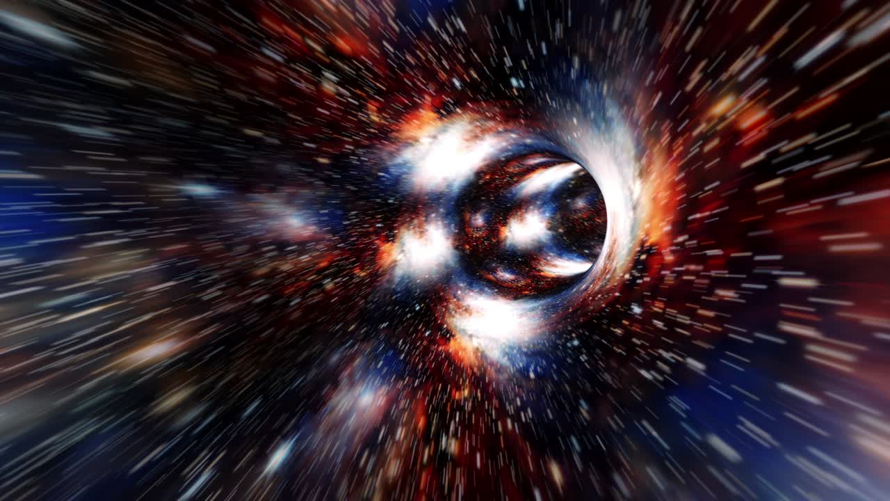 Abstract dark blue orange hyper space warp Flight in futuristic sci-fi virtual reality tunnel seamless loop. 4K 3D Loop colorful Sci-Fi space travel background concept. Abstract science teleportation velocity
