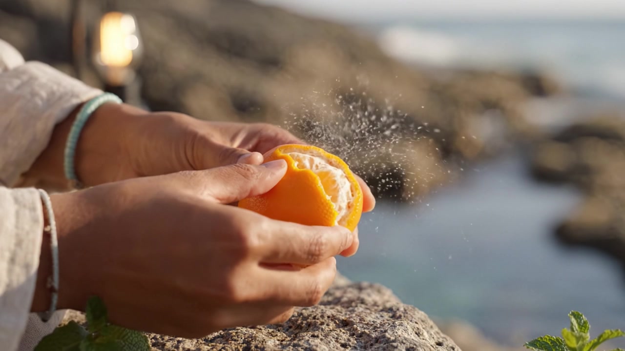 Una Persona che si Gode un'Arancia Appena Sbucciata in Riva al Mare, Catturando l'Essenza della Natura con Agrumi Succosi e uno Splendido Paesaggio Costiero sullo Sfondo.