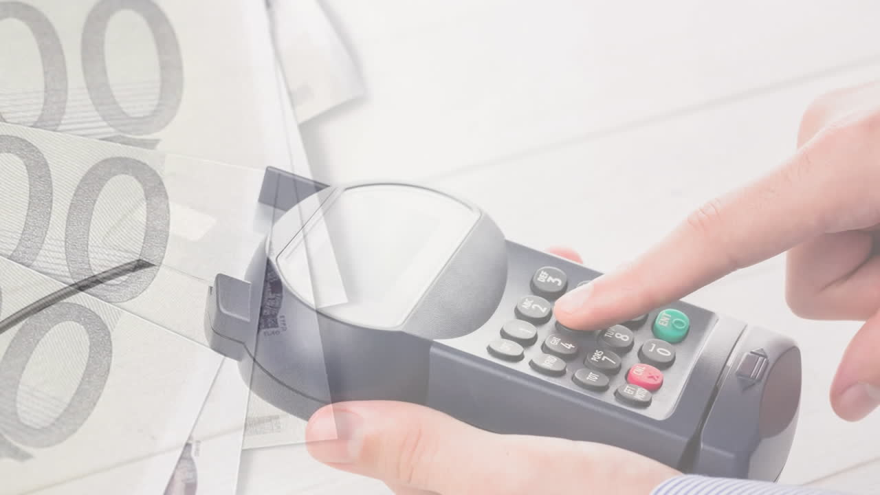 유로 지폐가 결제 터미널을 들고 있는 백인 남자의 손에서 떨어지는 애니메이션