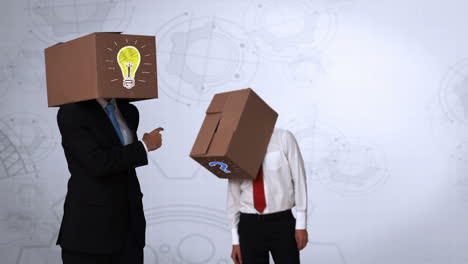 businessmen hiding head with box