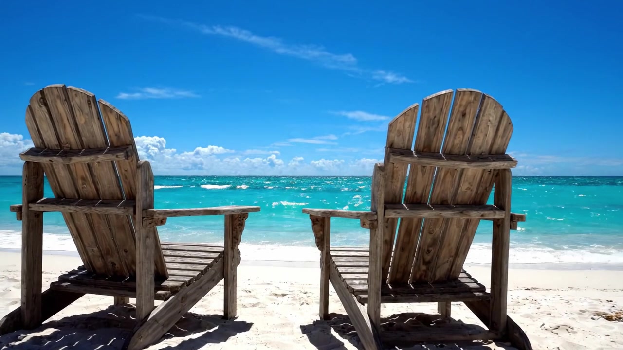 Ein malerischer Strandblick von zwei rustikalen Holzstühlen, die auf ruhiges türkisfarbenes Wasser und weiße Sandstrände unter einem klaren blauen Himmel blicken.