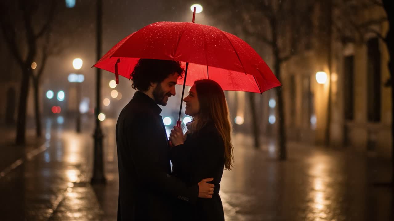 Couple under a red umbrella in the rain at night