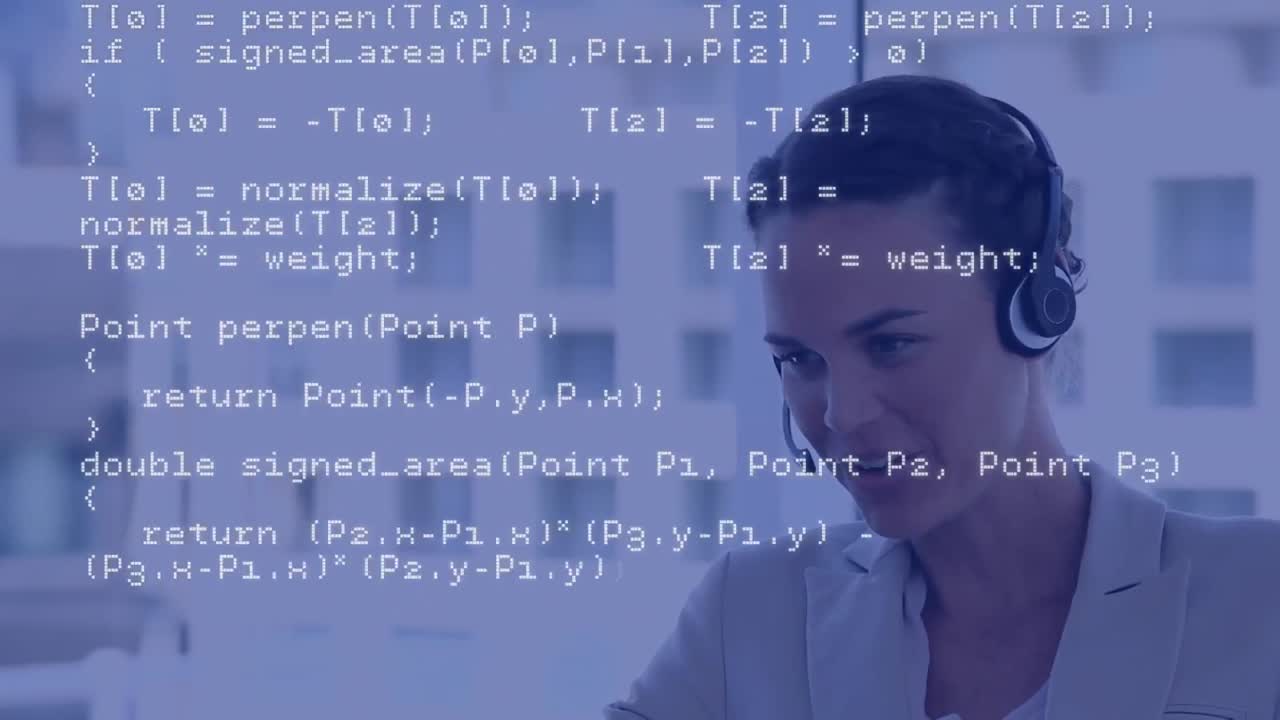animación del procesamiento de datos sobre una mujer de negocios usando auriculares de teléfono
