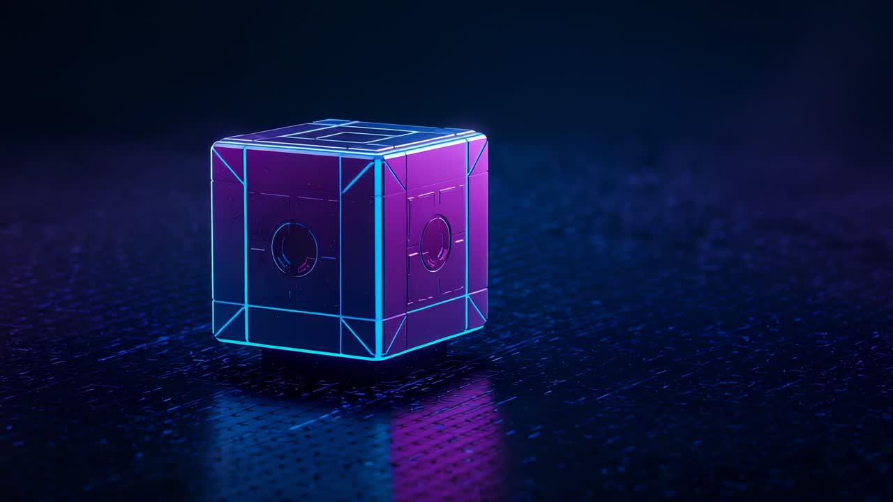 Starting second frame neon-outlined cube rotating clockwise on sci-fi floor with cyan magenta edges