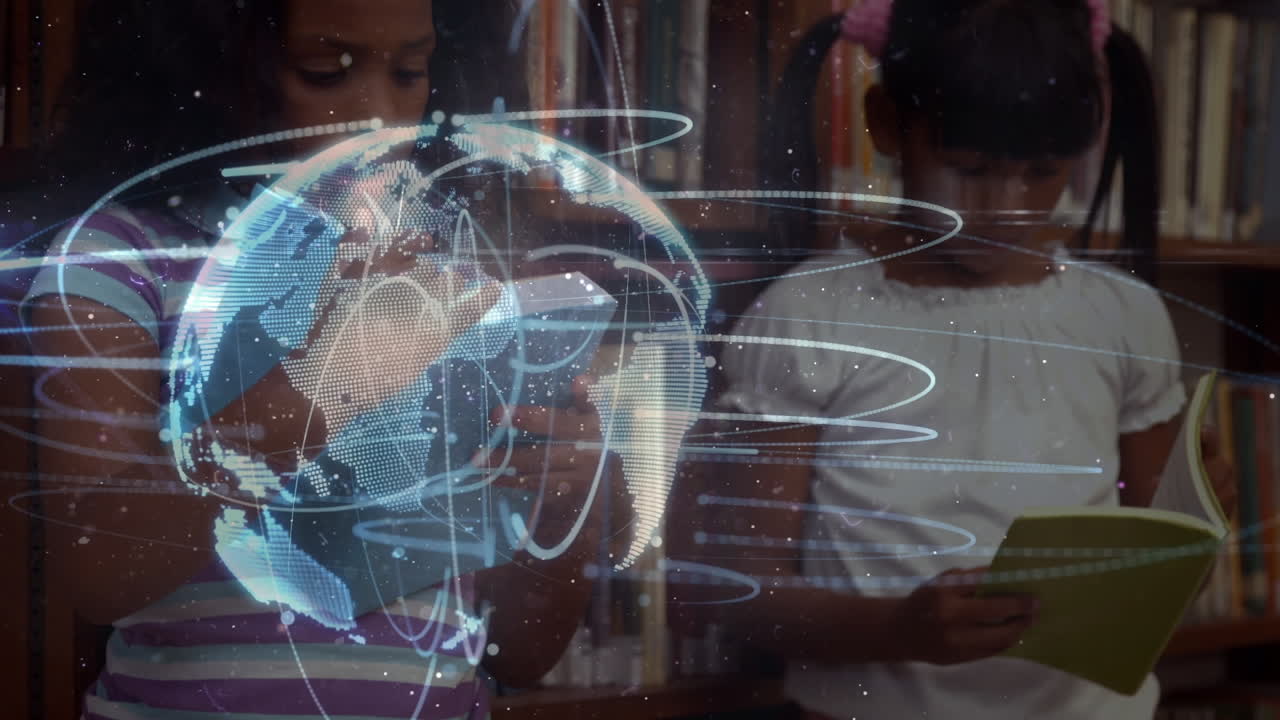 animación del globo digital sobre diversos escolares leyendo libros