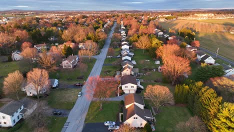 Häuser-In-Der-Nachbarschaft-Während-Des-Sonnenuntergangs-Zur-Goldenen-Stunde-Im-Frühen-Frühling-In-Amerika