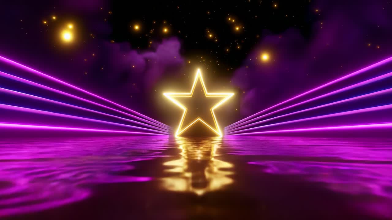 A Stunning Neon Star Glows in the Mystical Waters, Surrounded by Vibrant Purple Light Rays and Sparkling Stars, Creating an Enchanting and Dreamlike Scene of Cosmic Beauty and Imagination