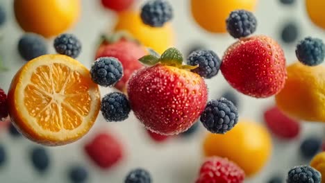 vibrant mix of fresh floating berries and citrus with water droplets