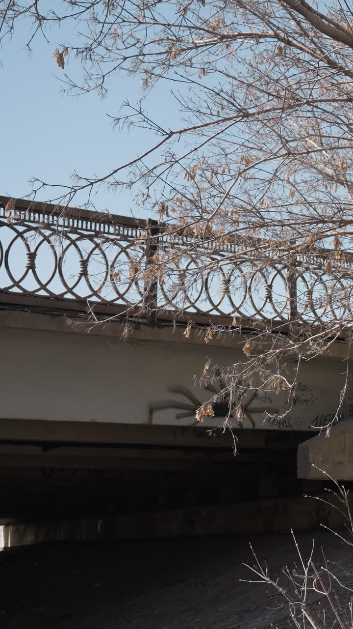 앞면 에 장식 된 철 철판 과 벌거벗은 나무 가 있는 다리 의 가까운 모습, 보행자 가 다리 를 가로질러 고 있다