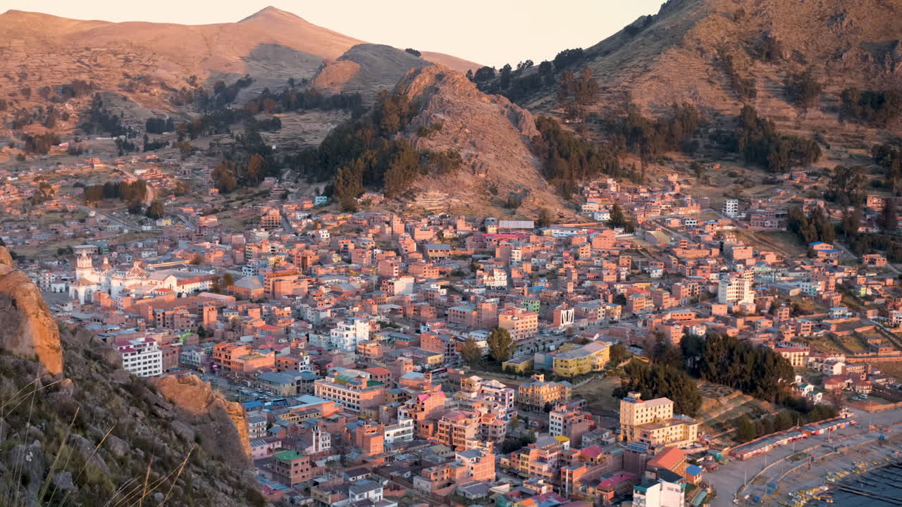 Experience a breathtaking panoramic view of Copacabana, Bolivia, from Cerro Calvario
