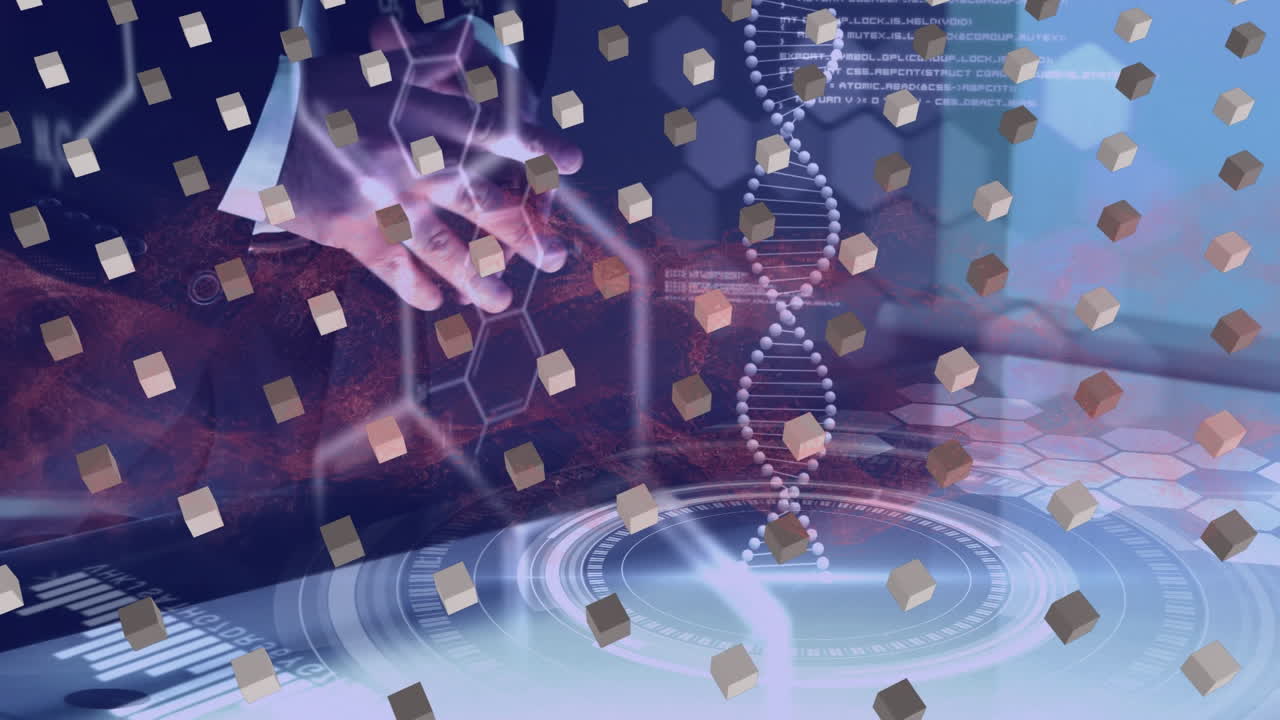 과학 데이터 프로세싱의 애니메이션은 기술을 사용하여 사람 위에 있습니다.