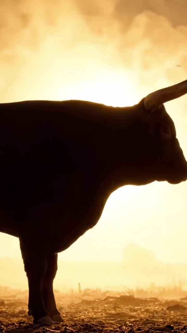 Maestosa Silhouette di un Toro Contro un'Alba Dorata: Uno Spettacolo Accattivante di Forza e Natura in Armonia