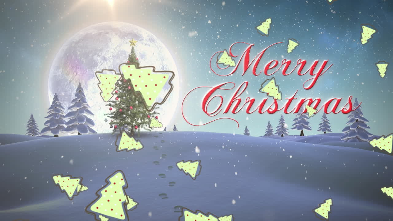 눈과 크리스마스 나무가 떨어지는 애니메이션 메리 크리스마스 텍스트와 겨울 풍경