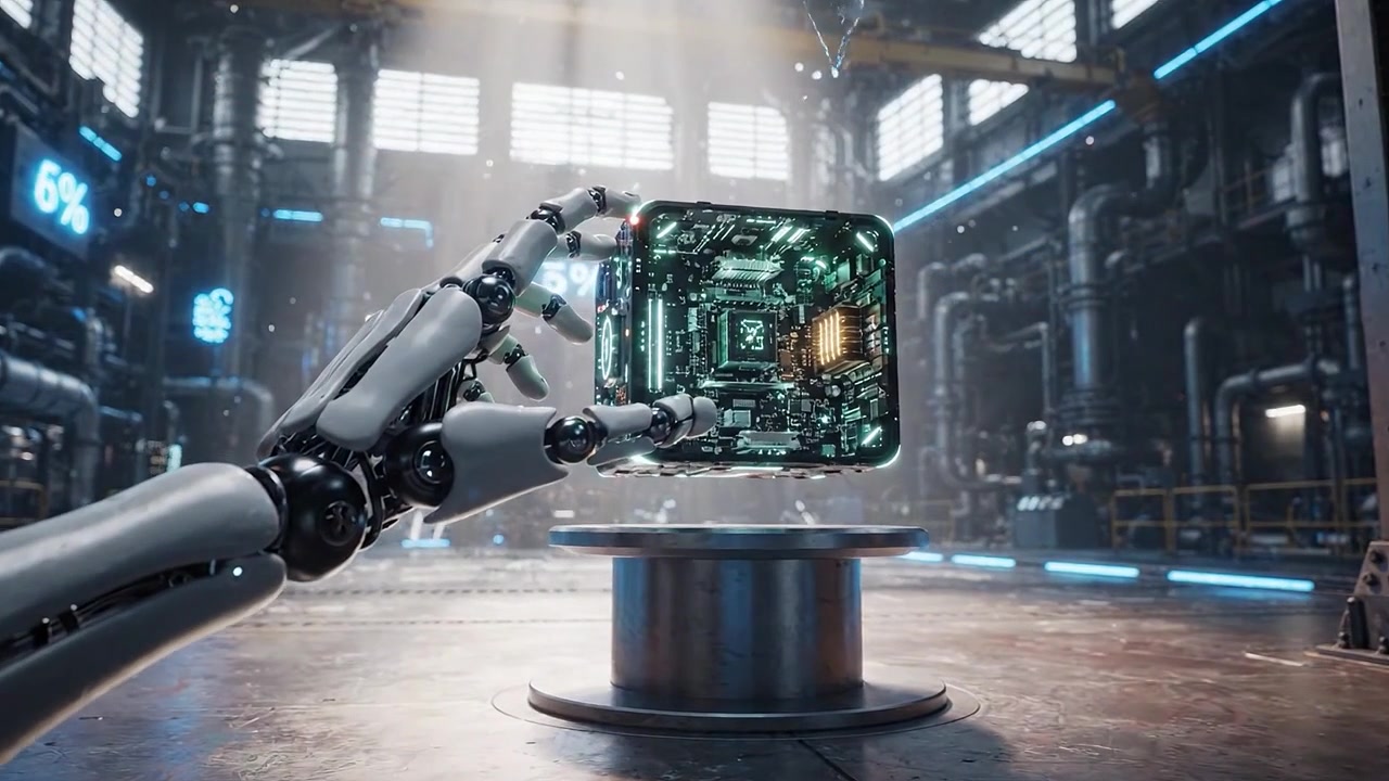 Una mano robotica futuristica si protende verso un cubo luminoso all'interno di una struttura high-tech, sottolineando l'intersezione tra tecnologia e umanità in un ambiente accattivante.