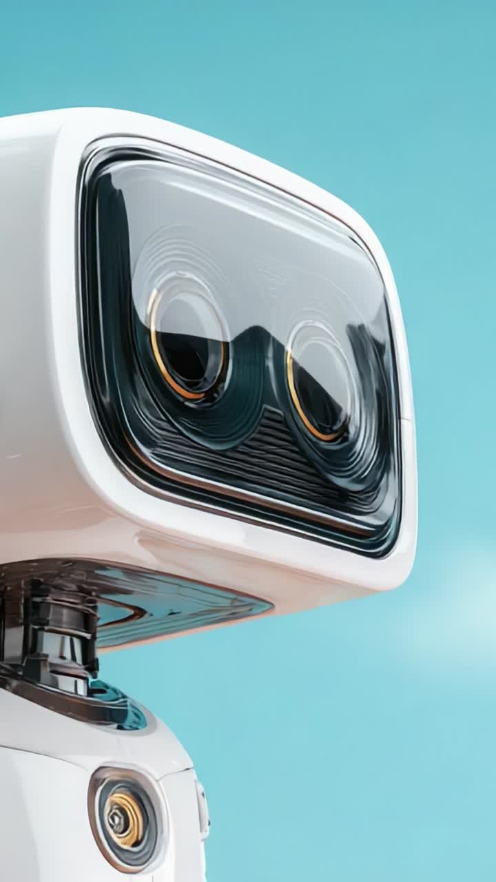 Una testa di robot elegante con caratteristiche di design distintive su uno sfondo blu chiaro, che evoca un senso di tecnologia futuristica e giocosità