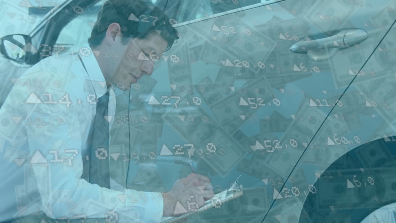 미국 달러 지폐와 숫자가 떠다니는 백인 남자가 ca에 의해 squatting 애니메이션