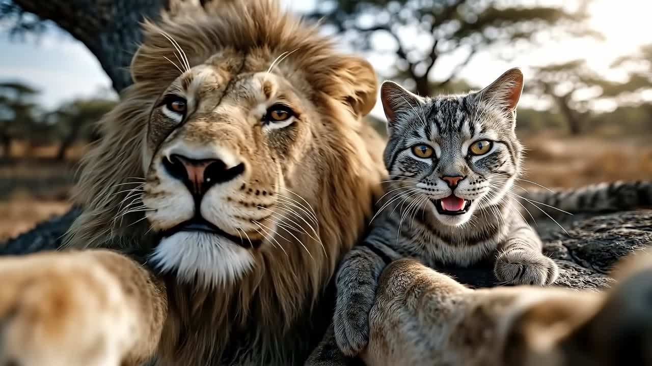 Eine Katze und ein Löwe liegen auf einem Baum